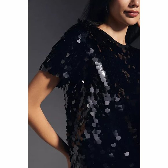 Anthropologie Eva Franco Black Sequin  Short Sleeve Top with Paillettes - Picture 3 of 9